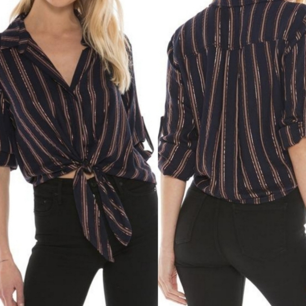 Bella Dahl Cropped Tie Front Button Up Adjustable Sleeve Copper Blouse Sz Med - Picture 4 of 13